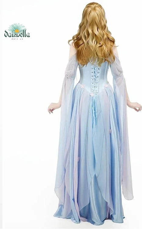 Back view of a woman with long hair wearing a blue fairy style long dress with corset lacing