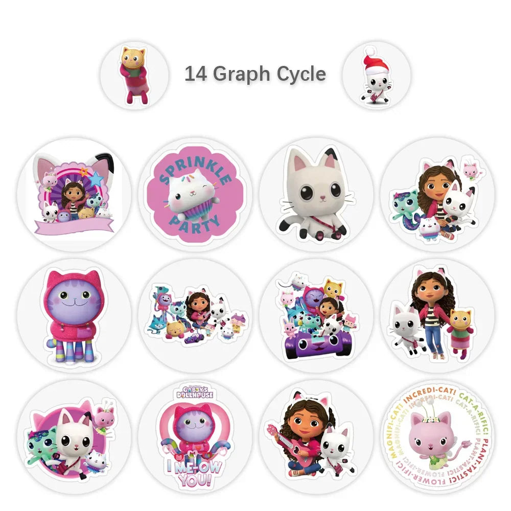 A set of fourteen circular stickers featuring various cartoon character designs.
