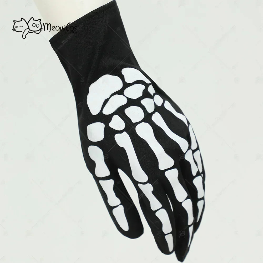 Black cosplay gloves with white skeleton hand print