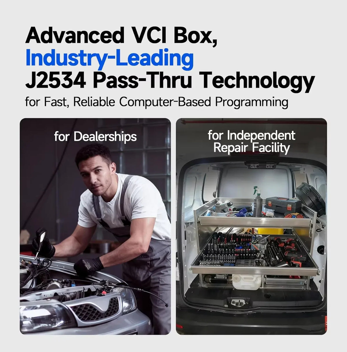 A diagnostic VCI box used for car programming in a dealership and an independent repair shop.