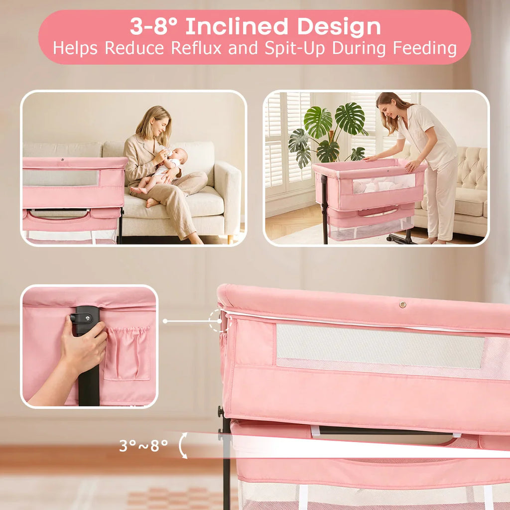 Pink baby bassinet featuring 3-8 degree incline design to help with baby reflux and spit-up