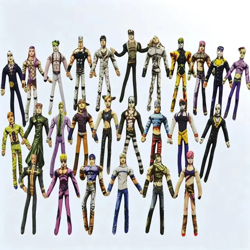Collection of various anime character plush figures with flexible skeletons