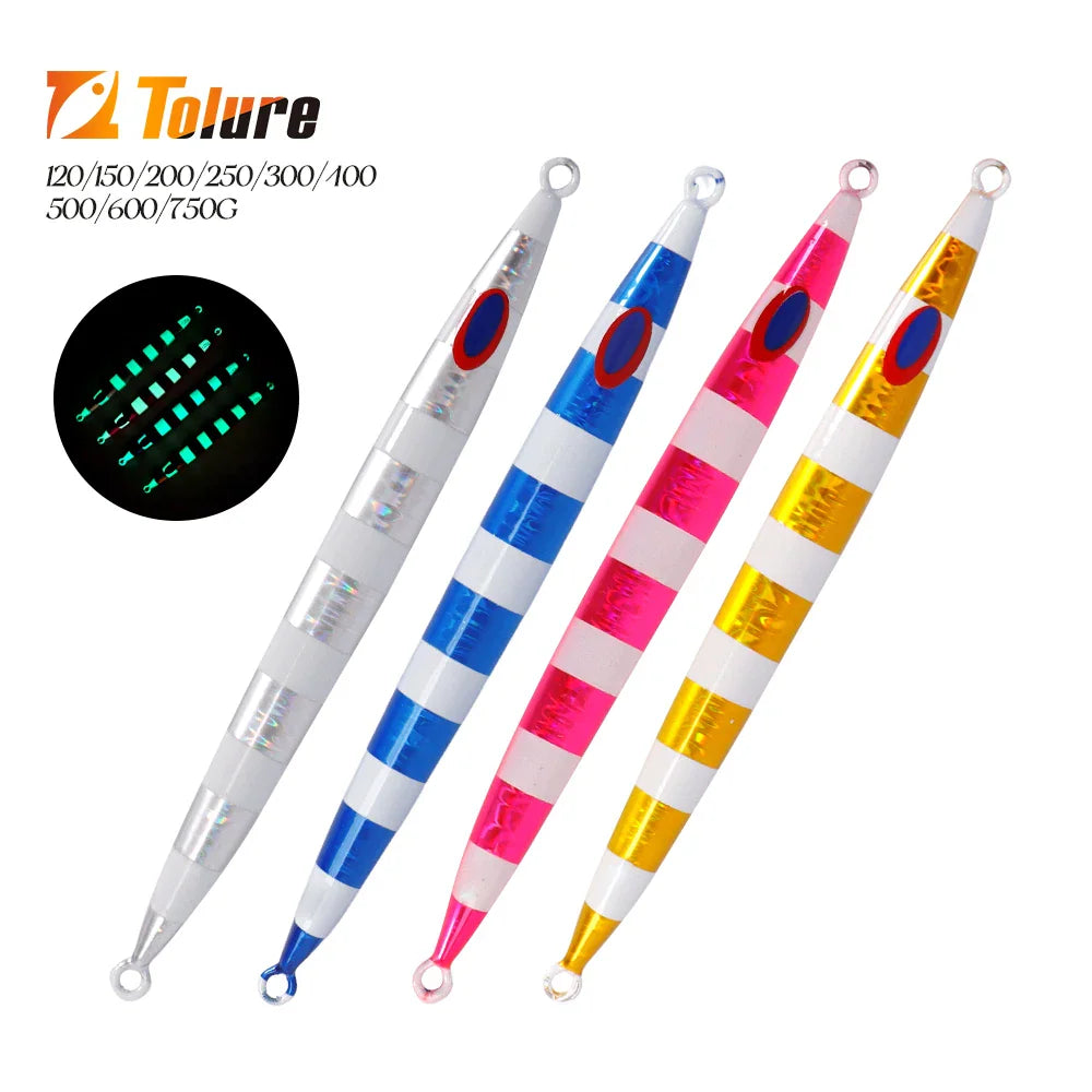 A set of four brightly coloured, striped metal fishing jigs with an inset showing their glow-in-the-dark feature.