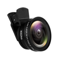 A black universal clip-on mobile phone lens, featuring a 0.45X super wide-angle and macro functionality.