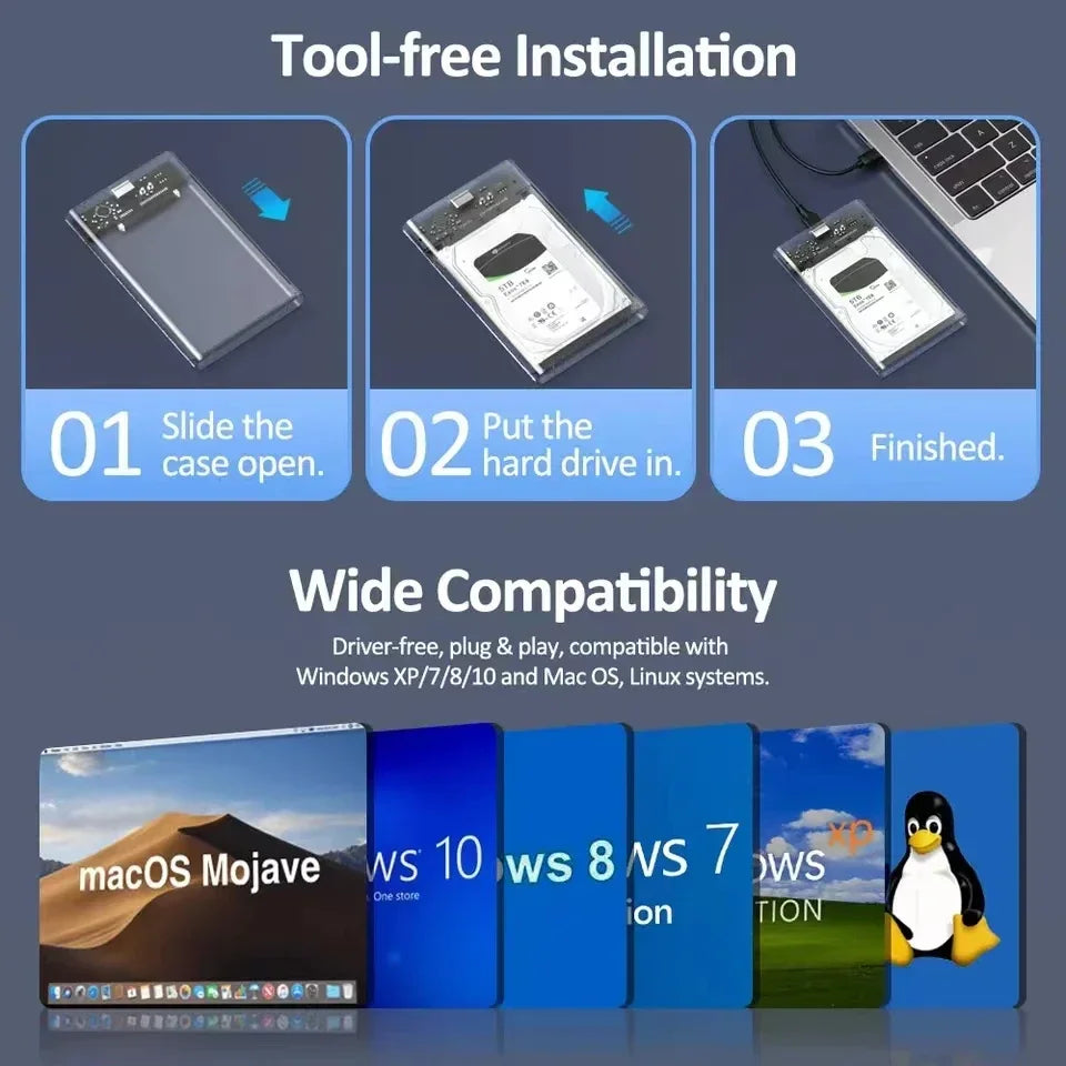 Instructions for tool-free installation of a 2.5 inch hard drive into the clear case