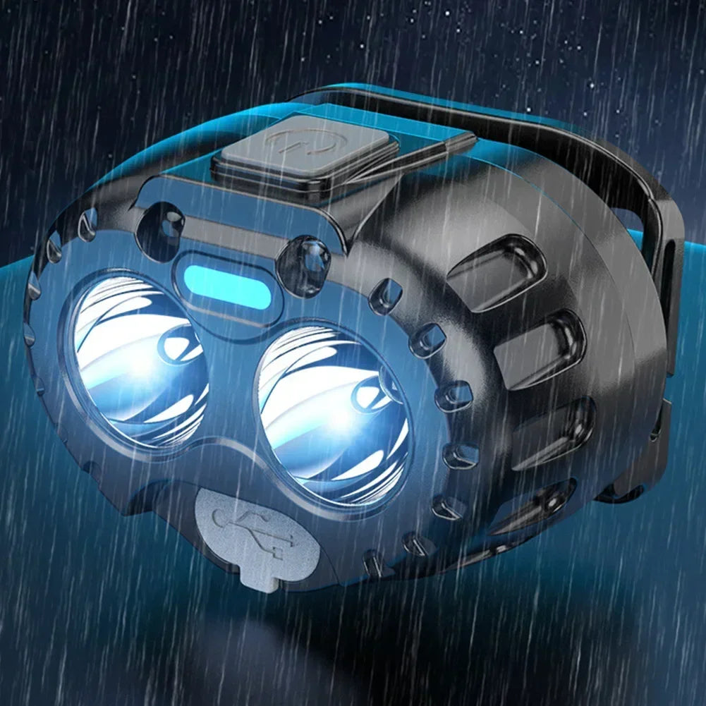 Waterproof black dual LED headlamp in rain