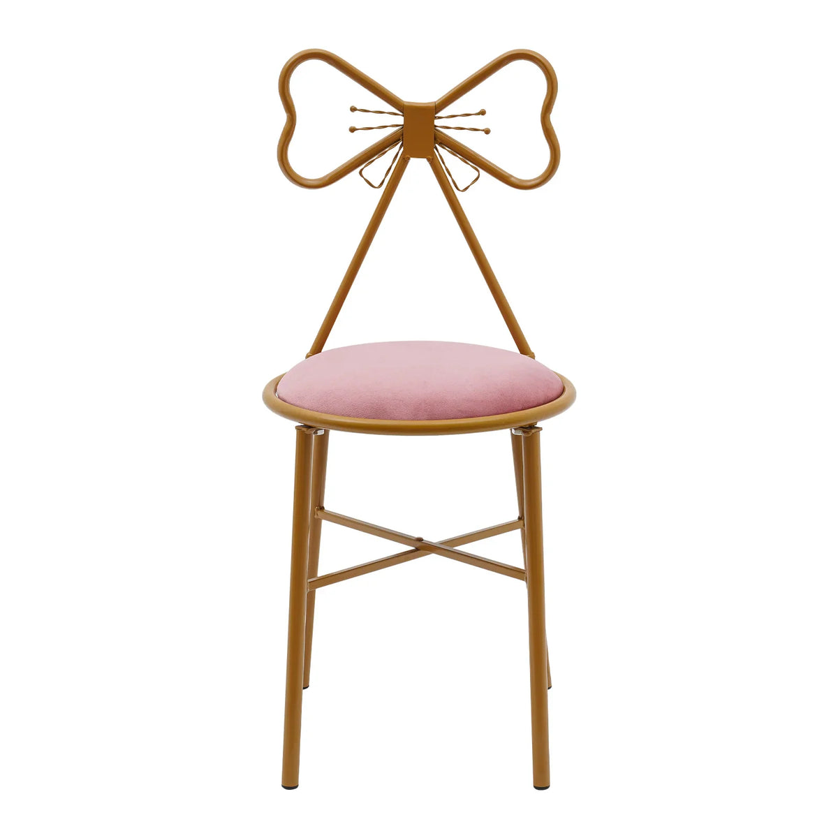 A pink velvet vanity stool with a golden metal butterfly backrest and four legs against a white background.