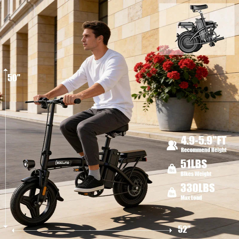 Man riding a black electric folding bike on a city street with inset image of folded bike and specs