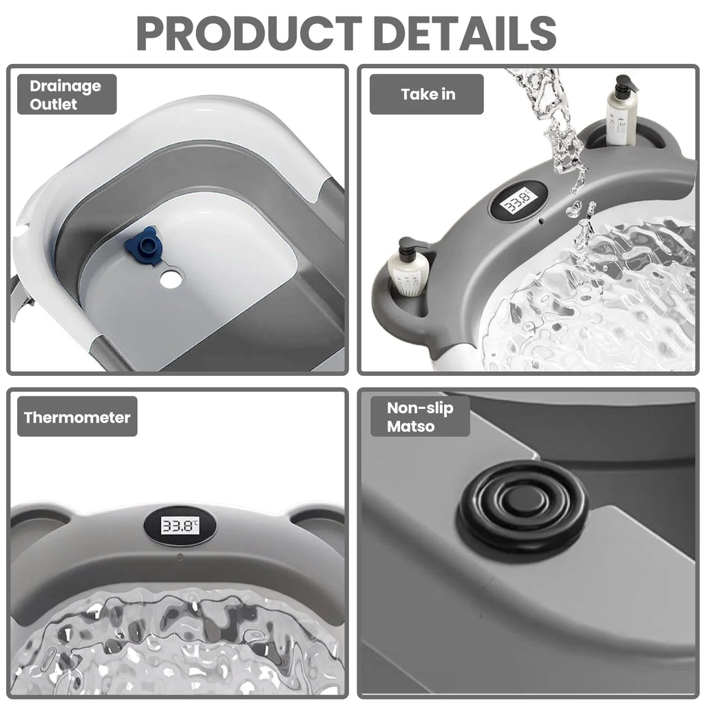 Detailed features of baby bathtub including drain, thermometer, and non-slip feet