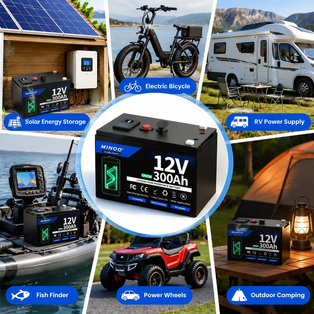 LiFePO4 battery applications including solar, electric bikes, campers, and marine use
