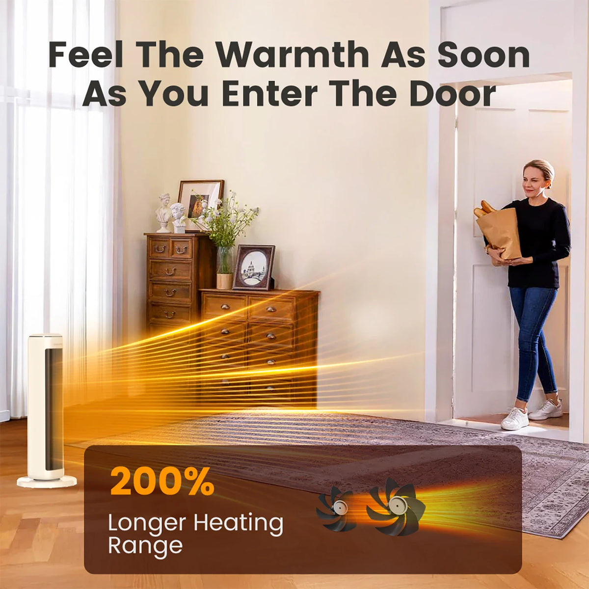 Off-white tower ceramic space heater in a home scene with a person entering through a door and text overlay
