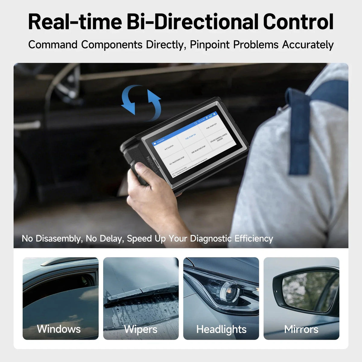 Mechanic hand holding an automotive diagnostic scanner tool showing real-time car component control features