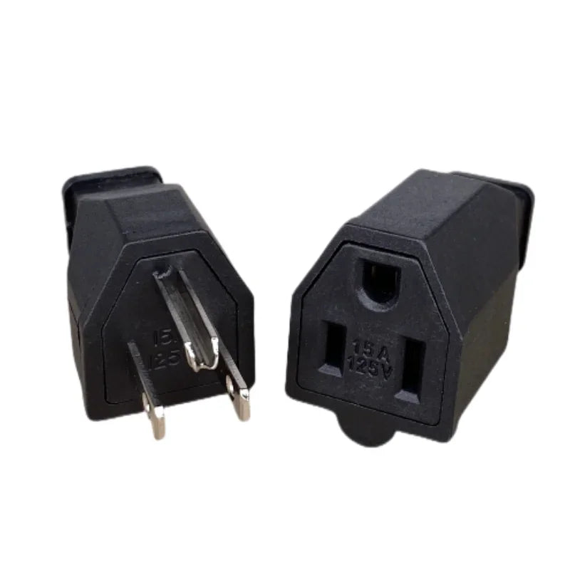 A pair of black 3-pin AC power electrical plug and female socket connector.