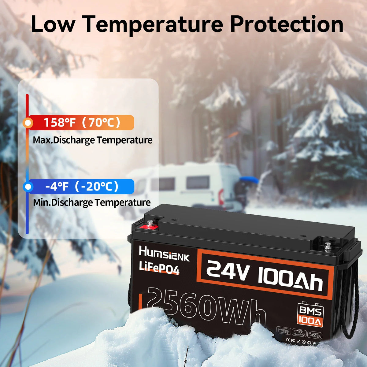 LiFePO4 battery in snowy conditions showing temperature protection ranges