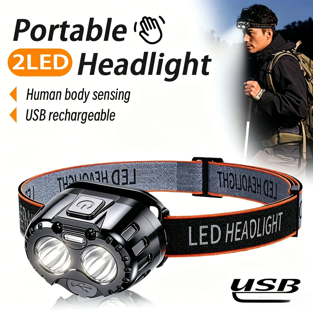 Black LED headlamp with adjustable elastic strap and USB charging