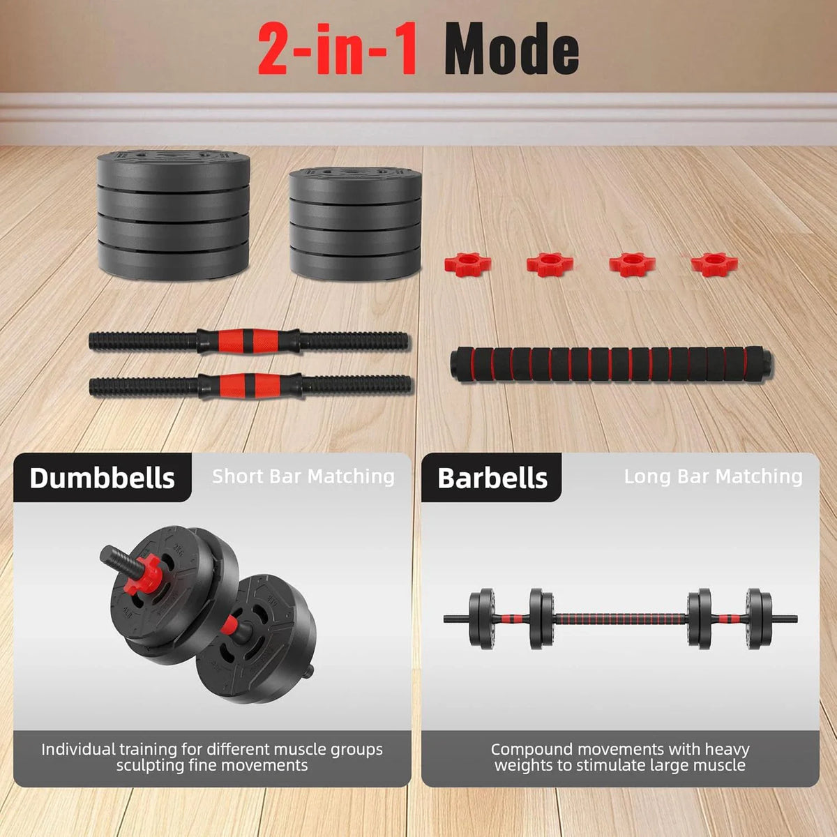 Demonstration of adjustable dumbbells and barbell set showing dumbbell and barbell usage modes.