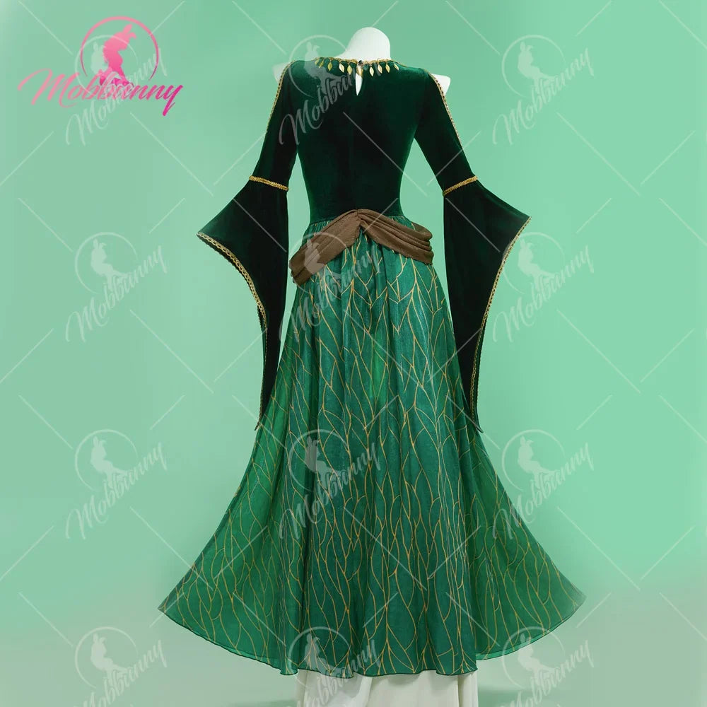 Back view of a green velvet medieval style bodysuit with long flared sleeves
