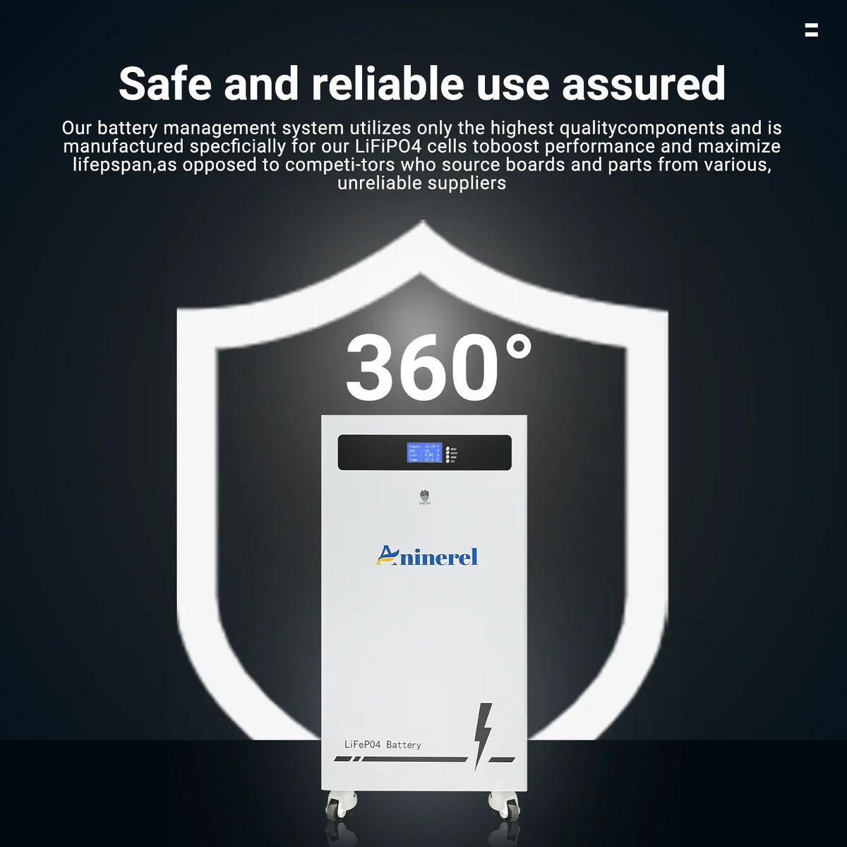 White floor standing lithium battery with a shield icon