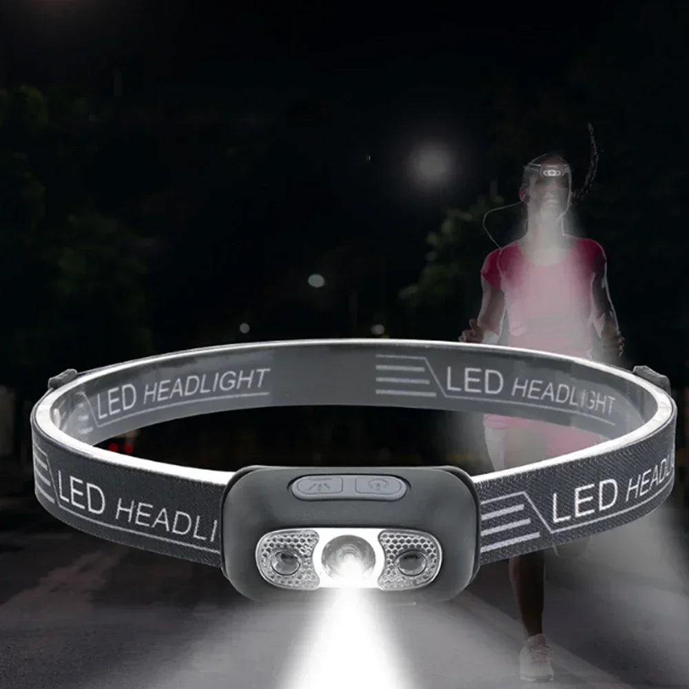 Black LED headlamp worn by a person jogging at night