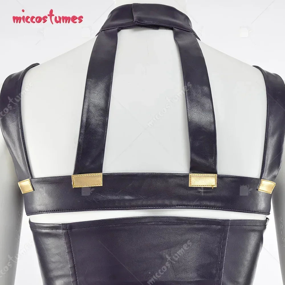 Close-up of the back of a purple faux leather cosplay top with gold strap accents