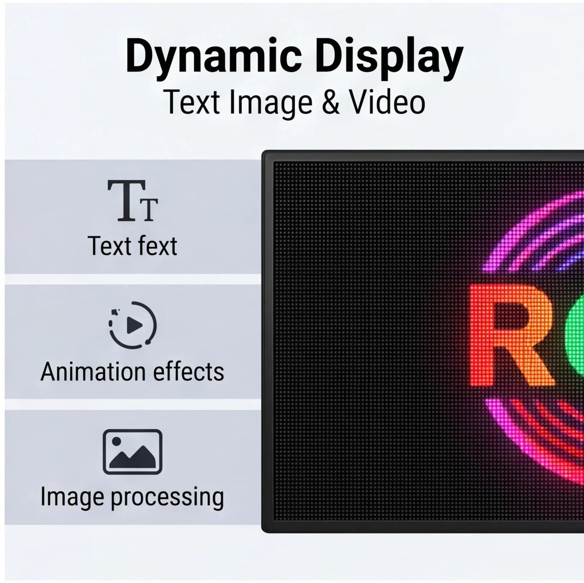A technical diagram highlighting the dynamic text, animation, and image processing capabilities of an LED digital display.