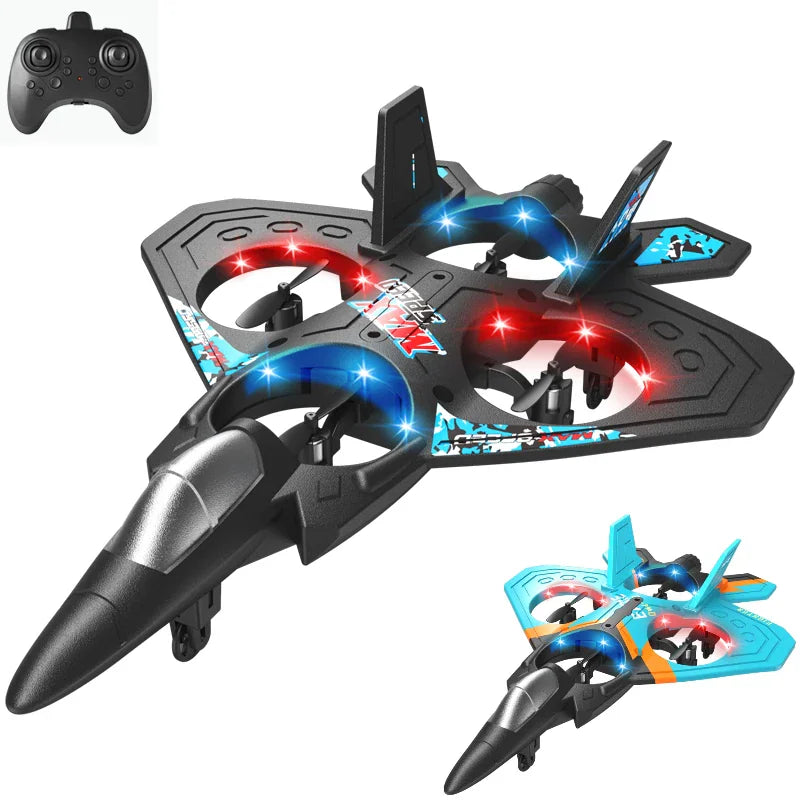 Black jet fighter RC quadcopter with red and blue lights and remote control