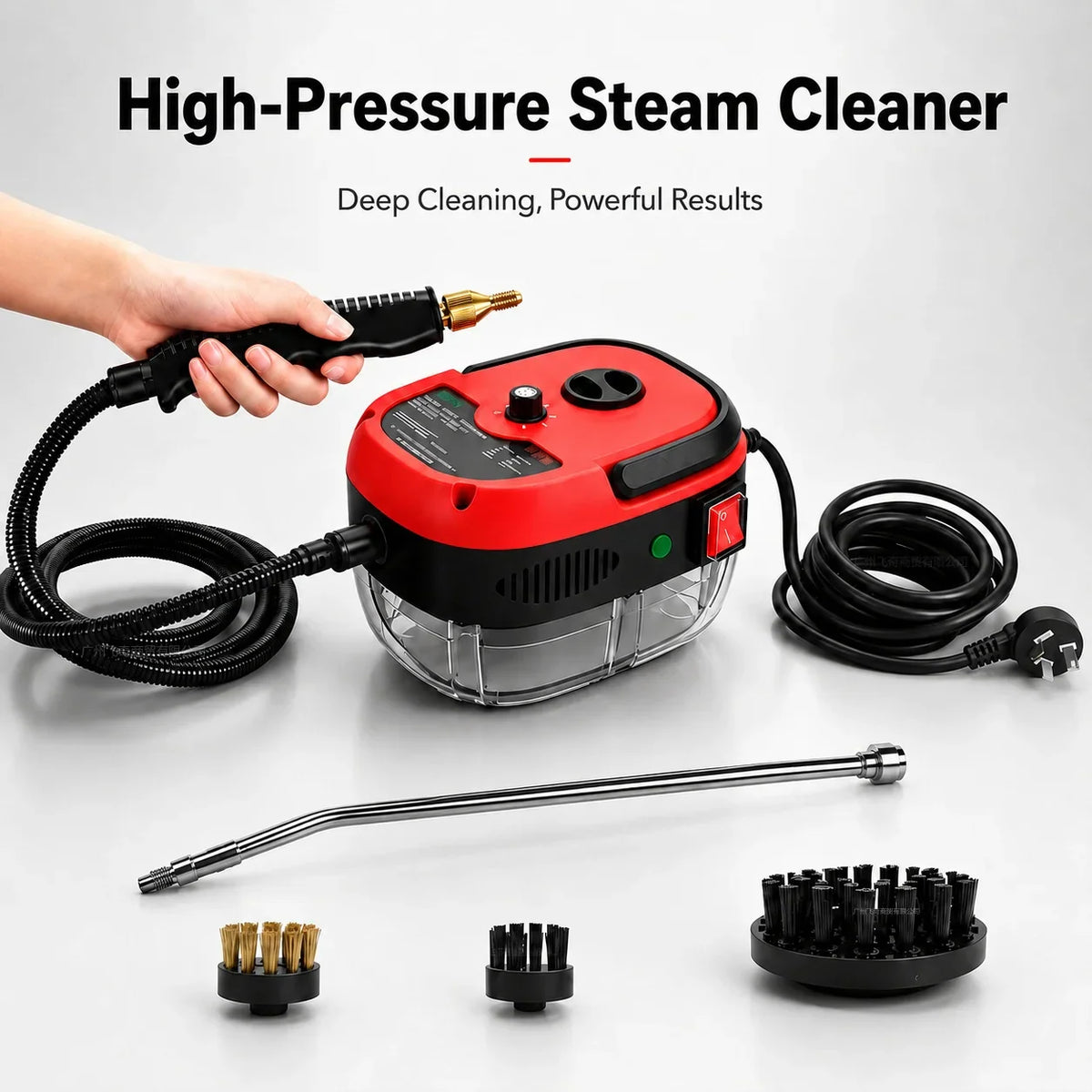 Portable red and black high-pressure steam cleaner with handheld wand, hose, and various cleaning brush attachments