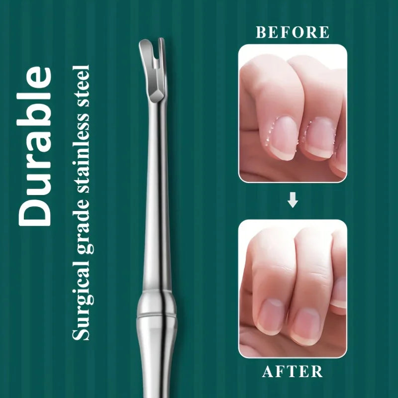 Durable stainless steel cuticle pusher tool with before and after nail care demonstration