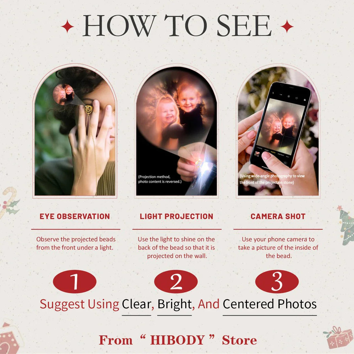 Instructional graphic showing how to view the projected image inside a custom necklace.