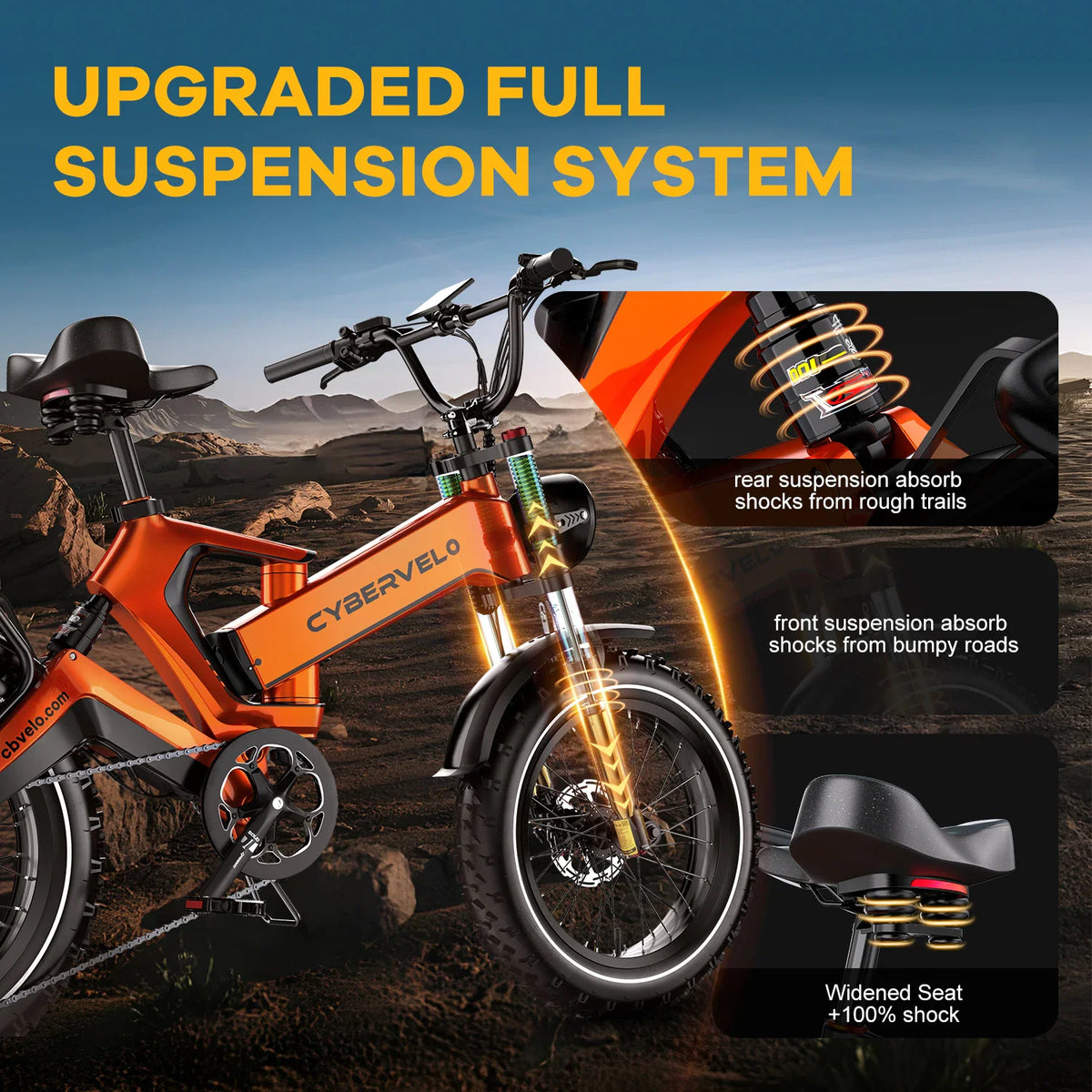 Diagram showing the full suspension system of an orange electric bike