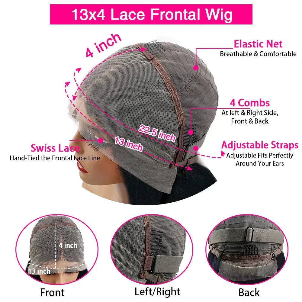 Detailed technical diagram showing the construction and dimensions of a 13x4 lace frontal wig cap