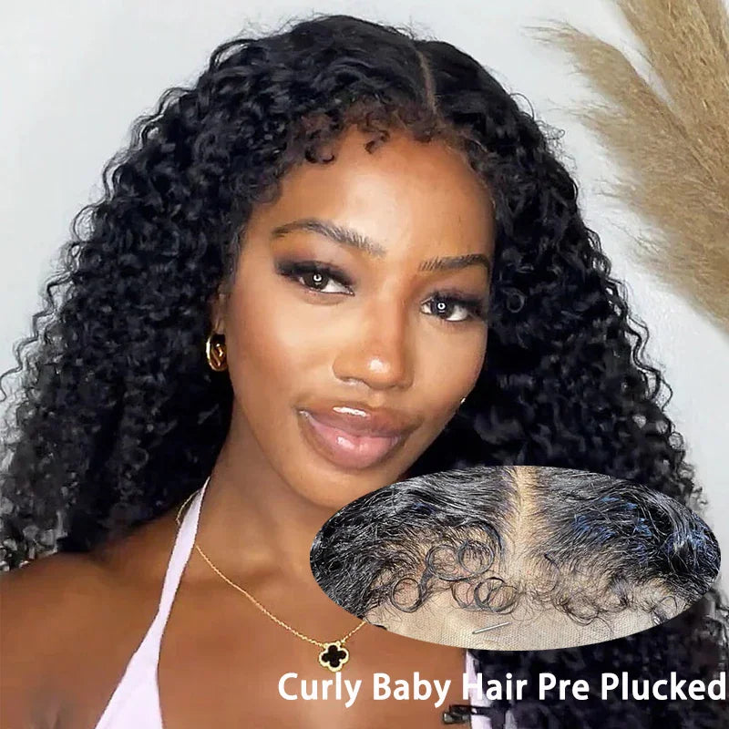 Long black curly human hair lace front wig on a woman