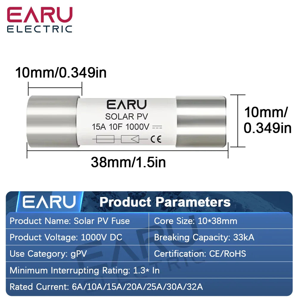 A 15A solar PV fuse shown with dimensions and a table of product parameters including voltage and current ratings.