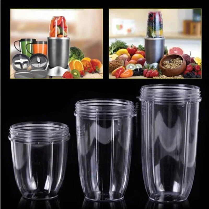 Three different sizes of clear plastic replacement blender cups for bullet-style juicers.