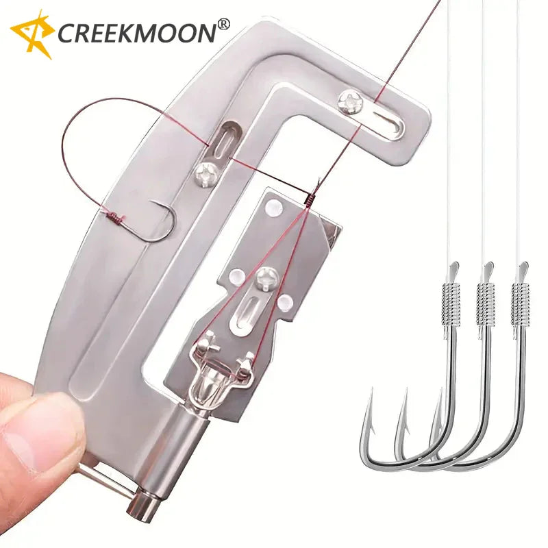 Stainless steel automatic fishing hook tier and knot tying tool with fishing line and hooks