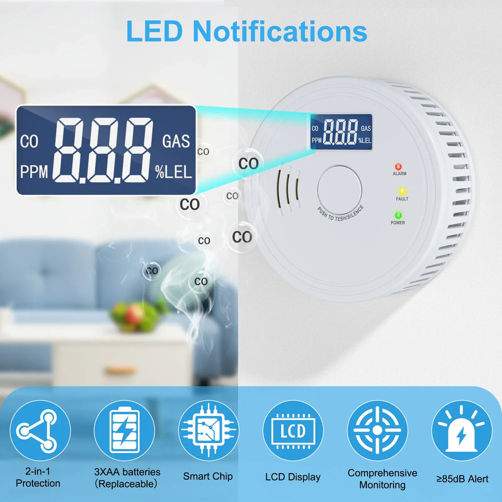 Round white smoke and carbon monoxide detector with digital display and icons for features