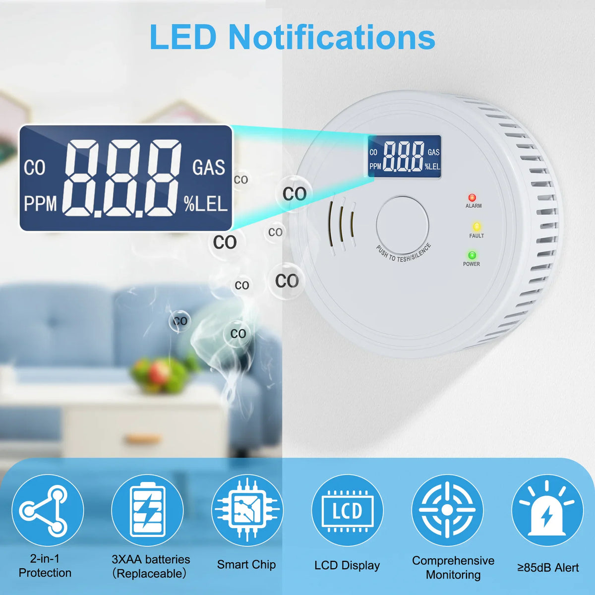 Round white smoke and carbon monoxide detector with digital display and icons for features
