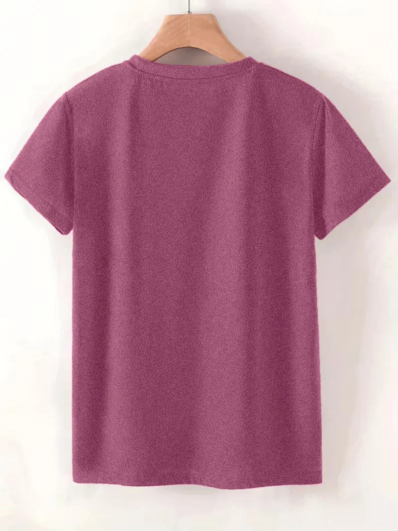 Back view of a plain short sleeve maroon t-shirt on a hanger