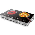 Portable two-zone electric ceramic hob with stainless steel trim and pan