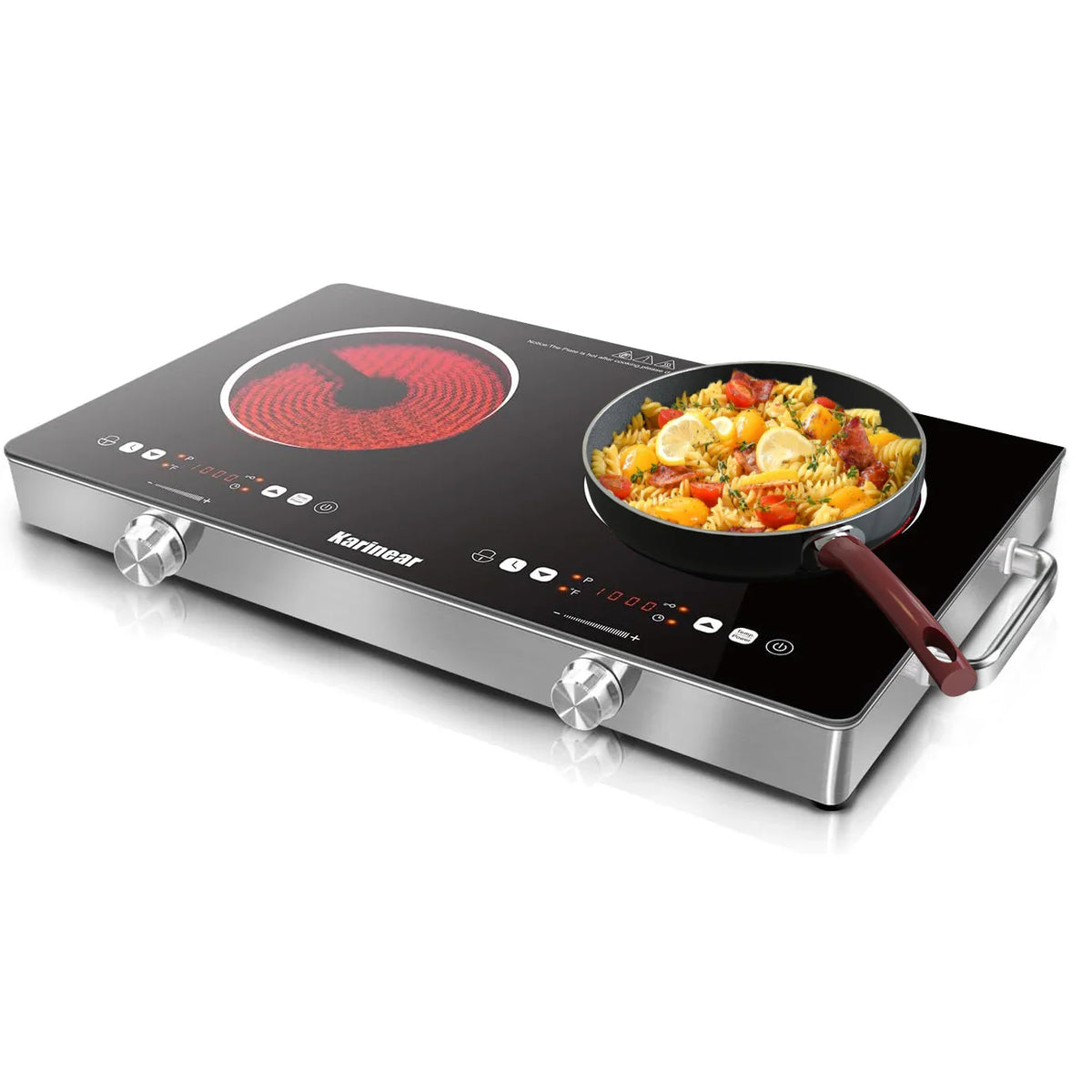 Portable two-zone electric ceramic hob with stainless steel trim and pan
