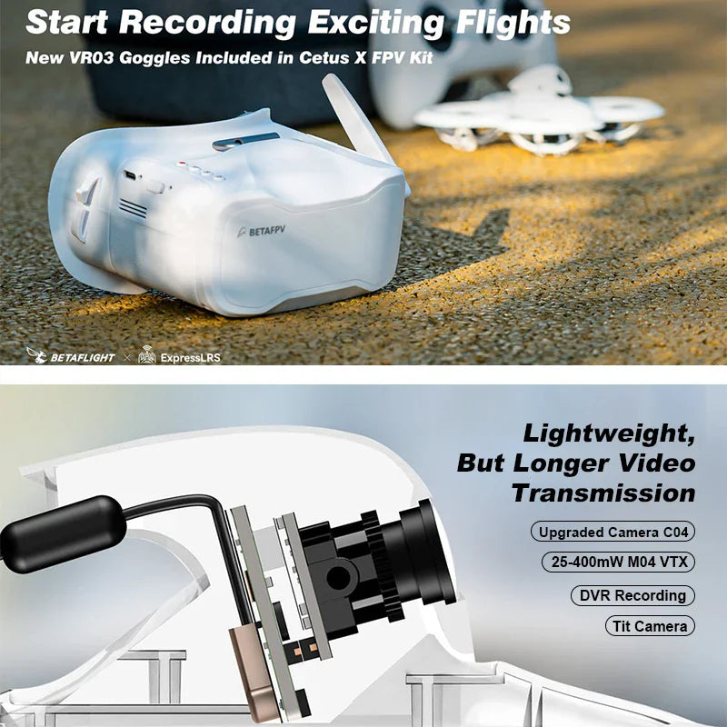 FPV goggles in a flight scene and a detailed technical diagram of the drone camera