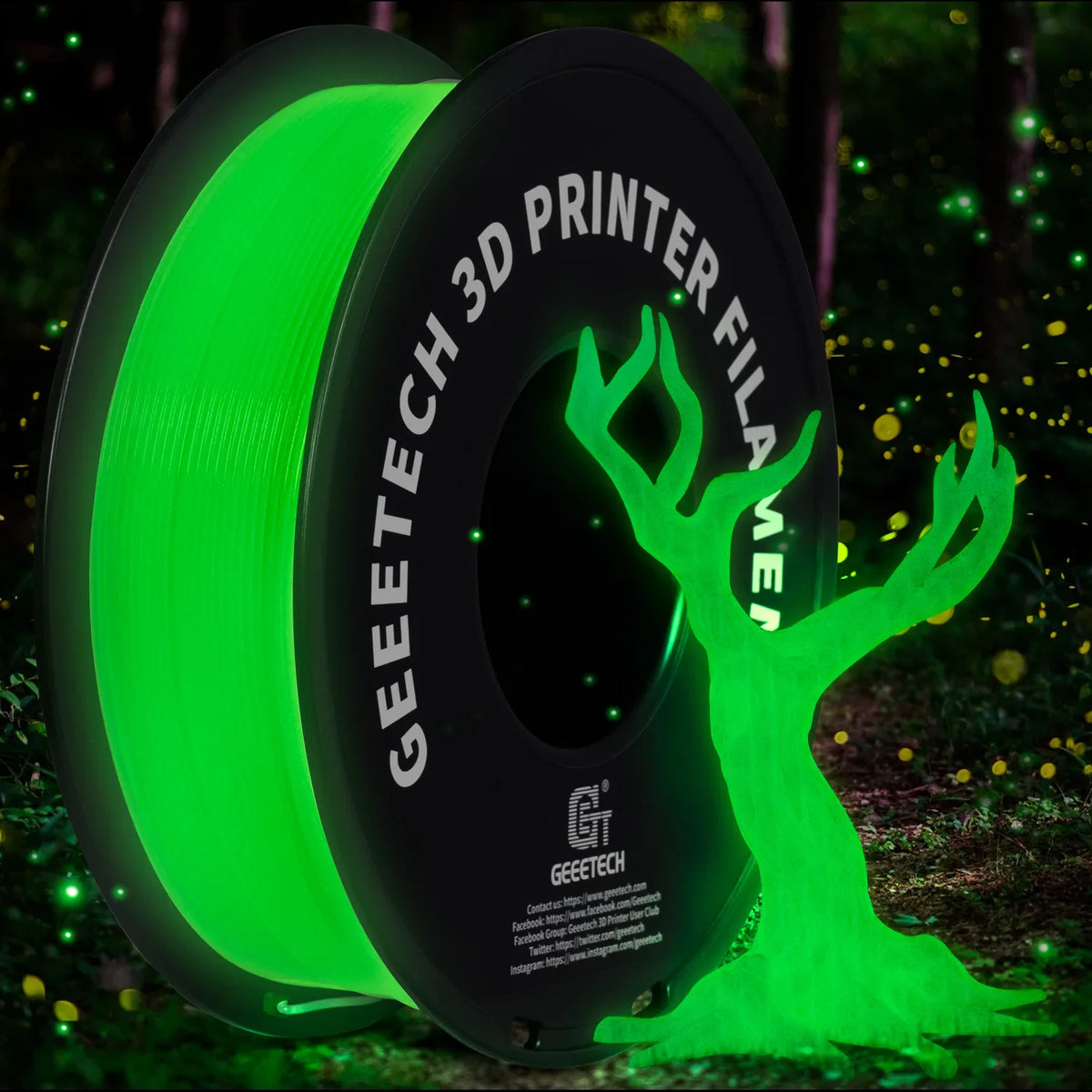Glow in the dark green 3D printer filament spool with a 3D printed glowing tree model
