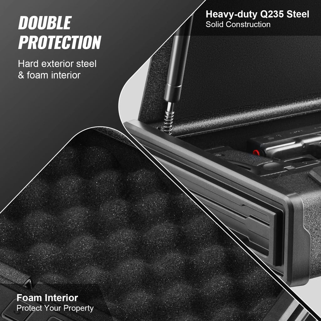 A split-screen image showing the steel construction and foam interior of a pistol safe.