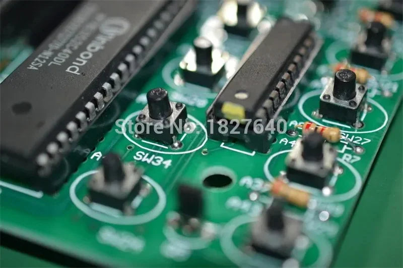 Close-up of a green circuit board with microchip components