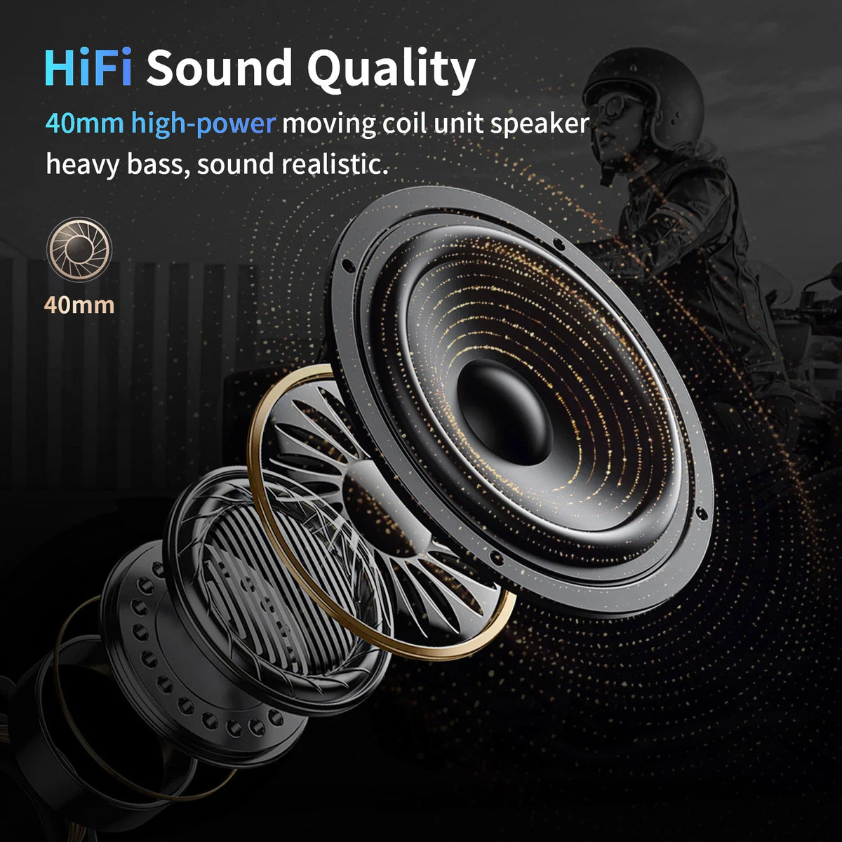 Detailed view of the internal 40mm speaker component for a motorcycle helmet communication system