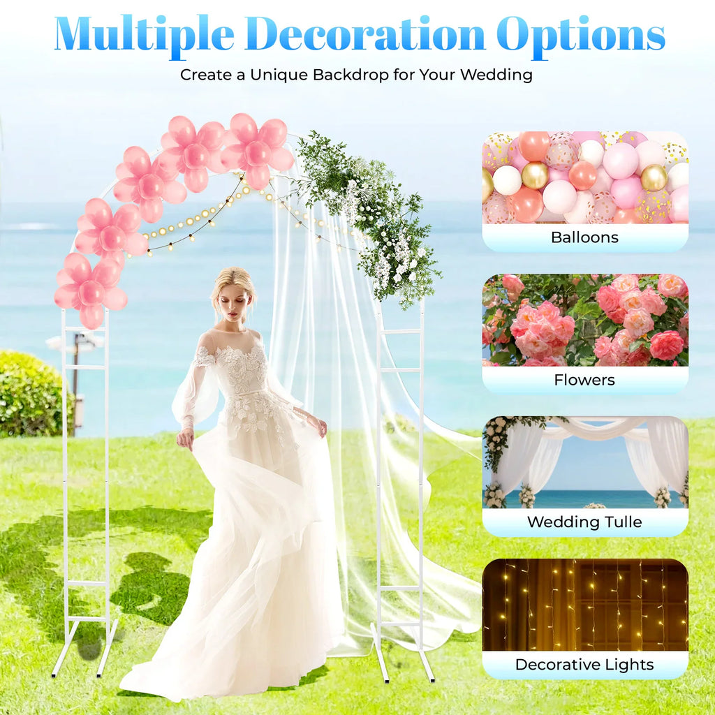 White metal round arch frame with examples of balloon, floral, tulle and light decorations