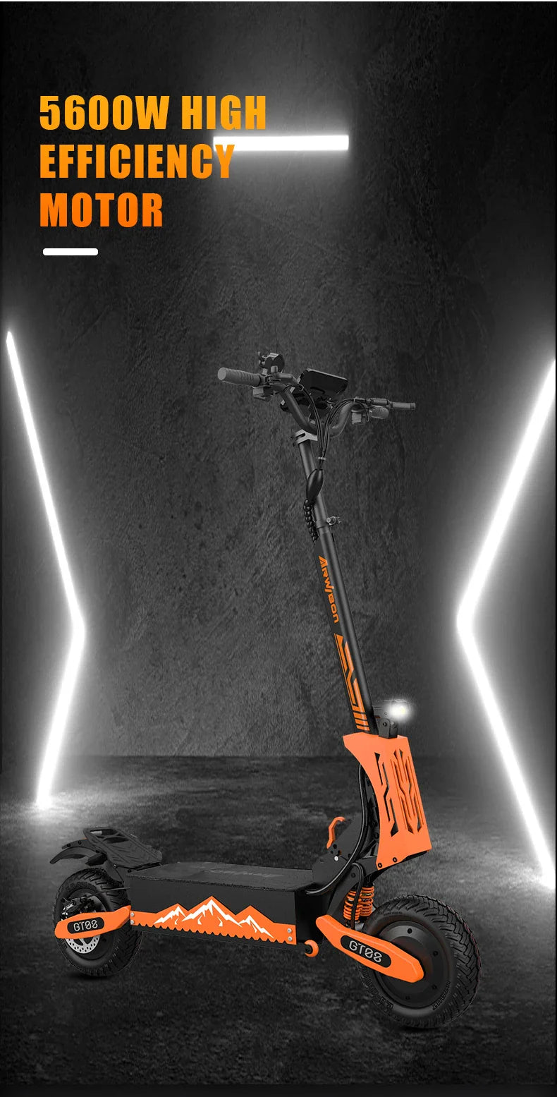 Black and orange electric scooter on a dark background with light accents