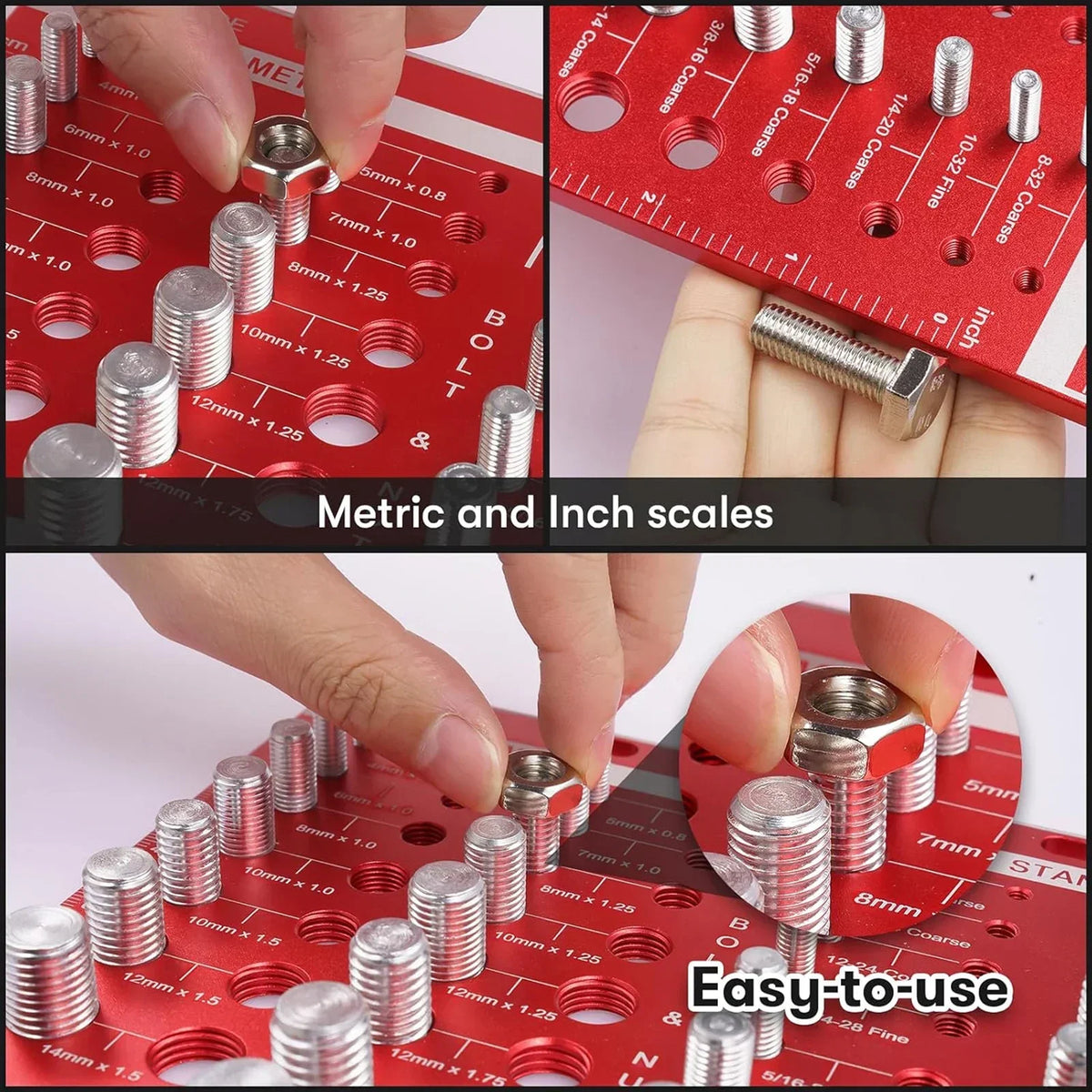 Red metal bolt and nut thread checker gauge shown with hands testing various hardware sizes