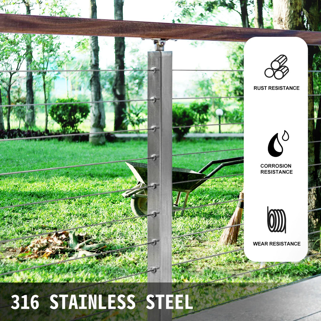 Stainless steel wire rope used as part of a deck railing system