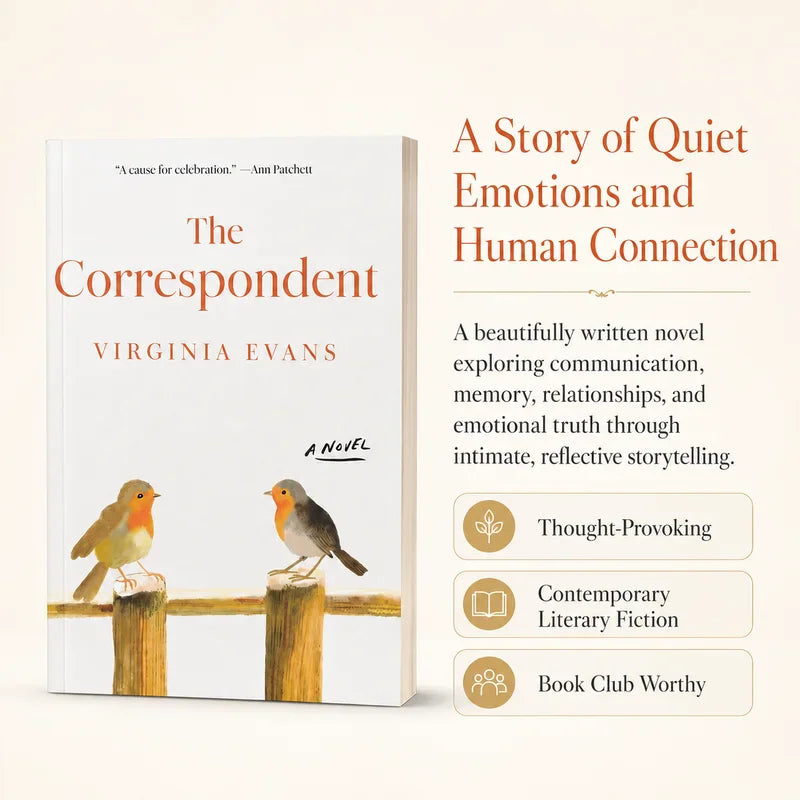 Hardcover book titled The Correspondent next to promotional descriptions of the literary fiction novel.